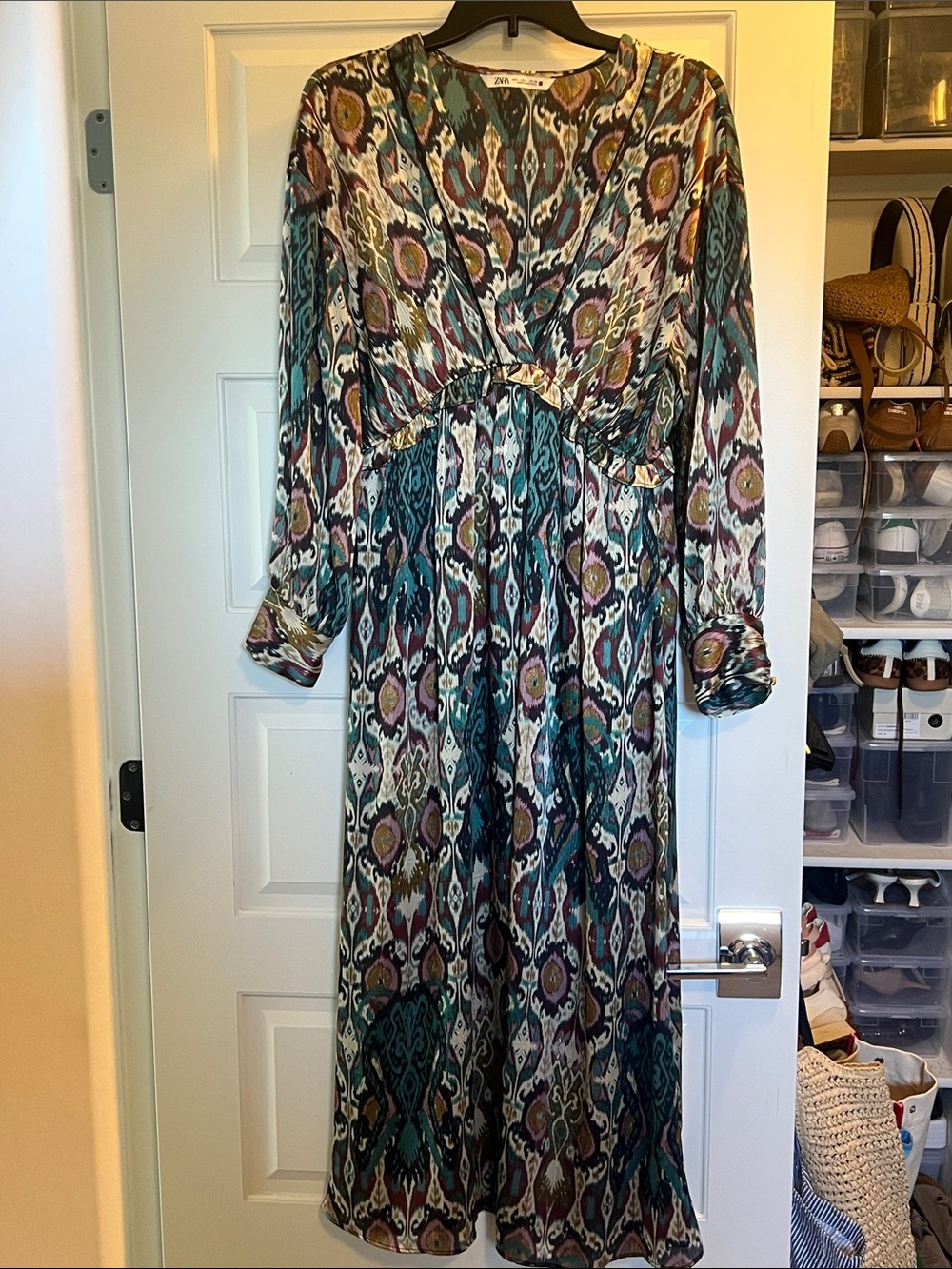 Zara Teal Multi Ikat Print Long Sleeve Maxi Dress